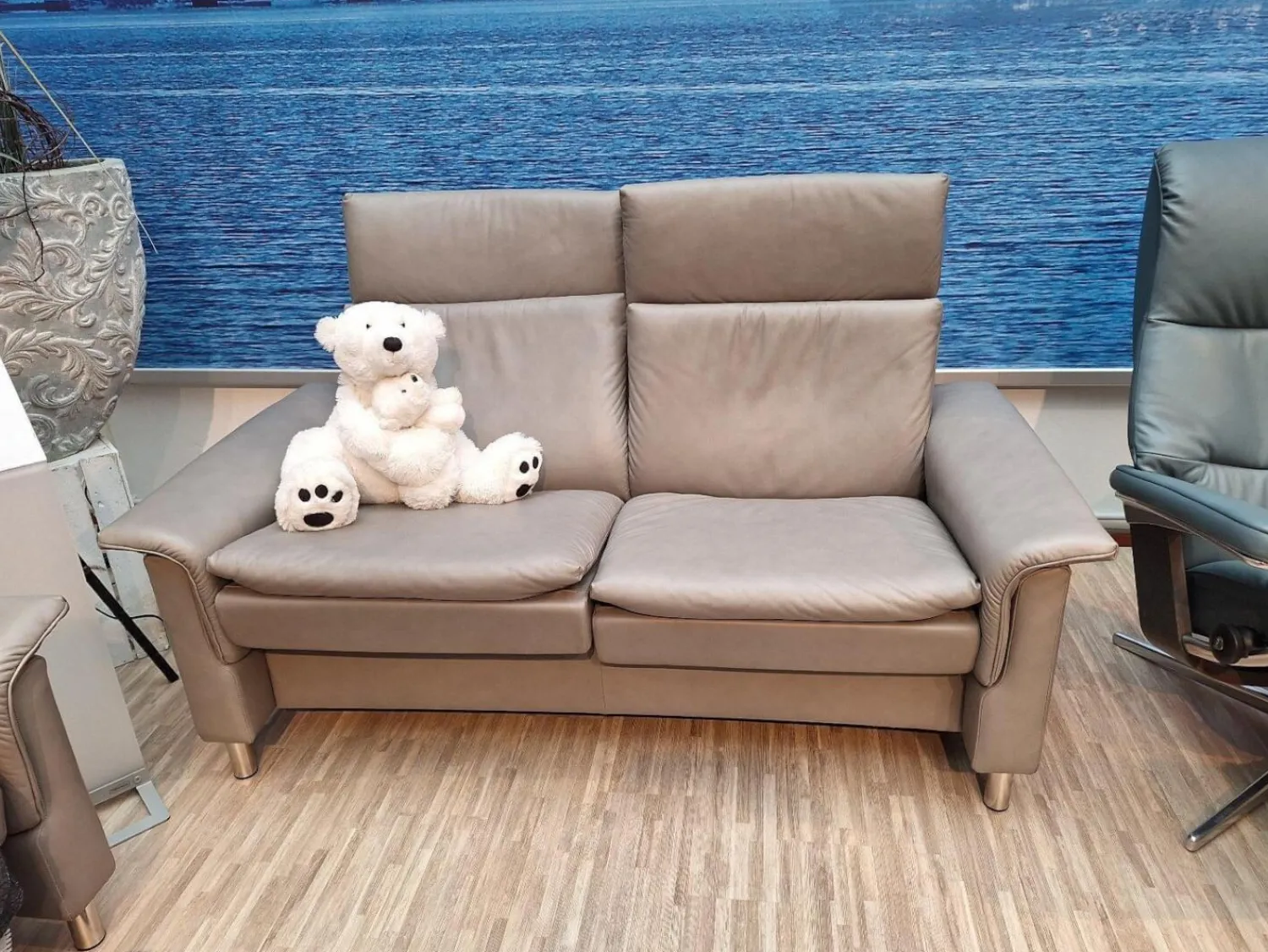 Stressless 2-Sitzer-Sofas|2 Sitzer Sofa Aurora Leder Paloma Silver Grey Grau Füße Edelstahl Poliert Rund