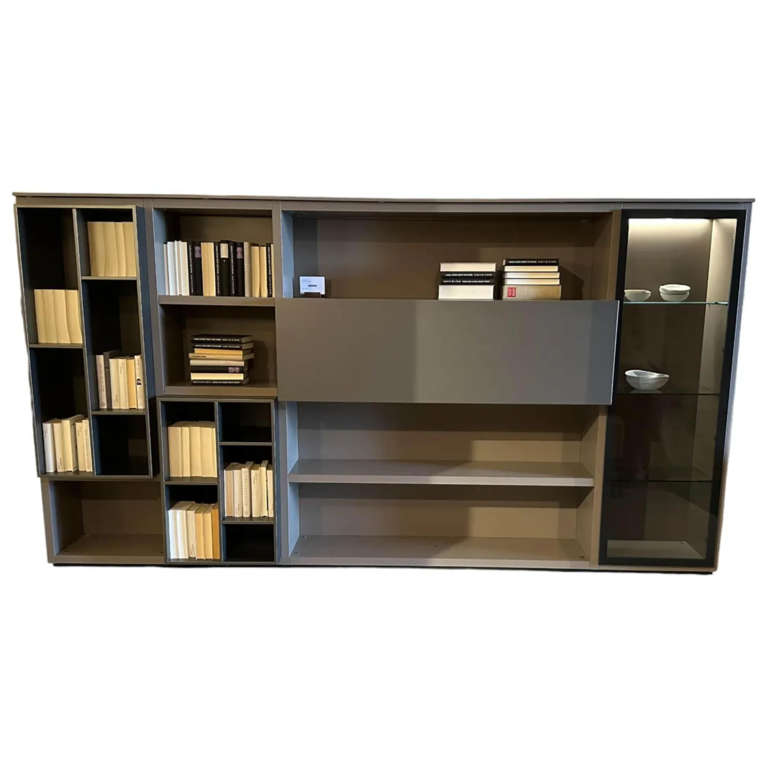 Poliform Wohnwände & Tv-Lowboards|Anbaukombination Wall System Lack Matt Tortora Piombo Grau Vitrine Rauchglas