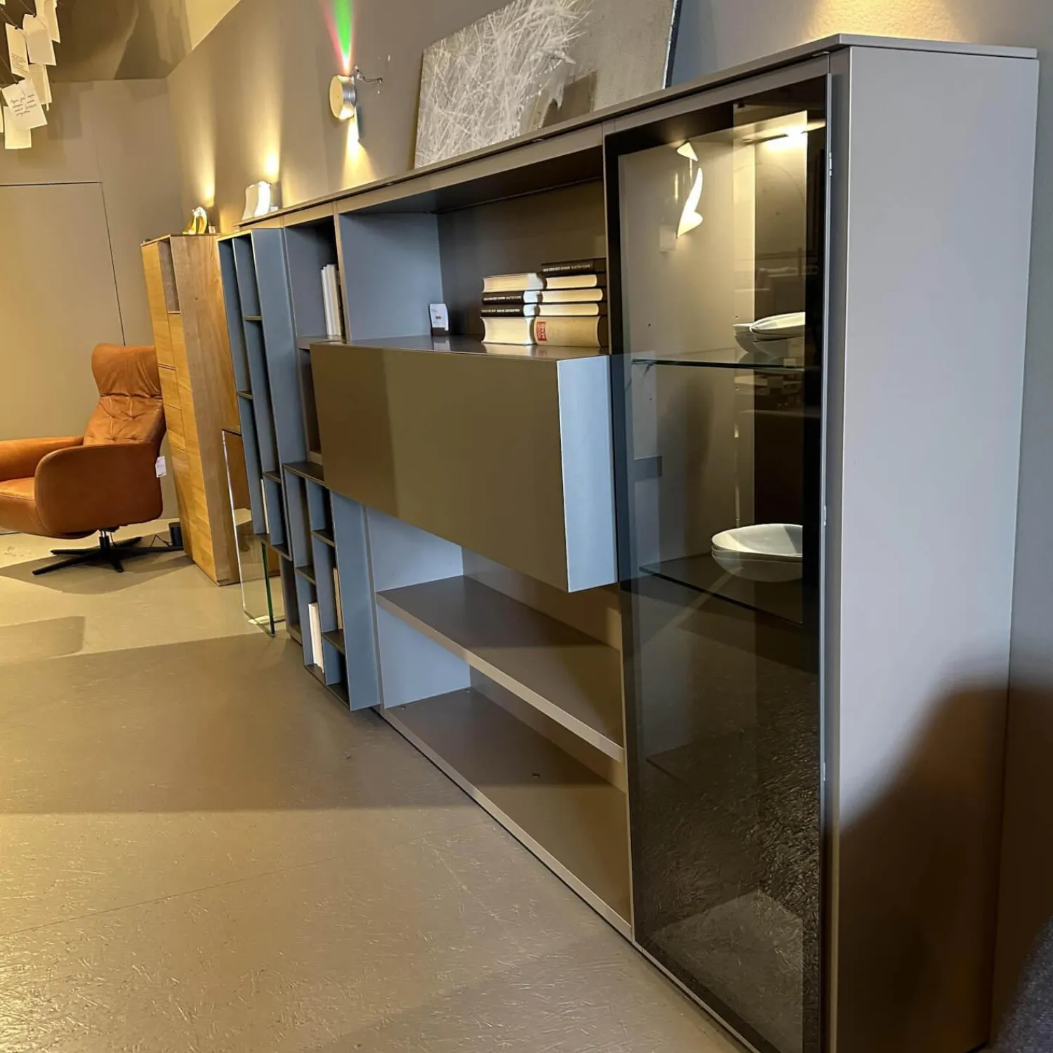 Poliform Wohnwände & Tv-Lowboards|Anbaukombination Wall System Lack Matt Tortora Piombo Grau Vitrine Rauchglas