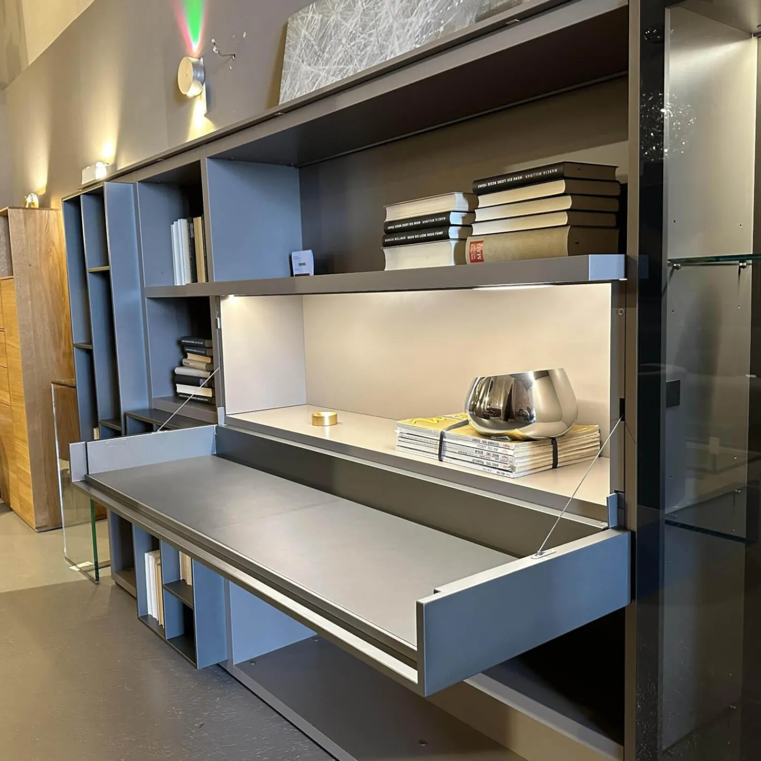 Poliform Wohnwände & Tv-Lowboards|Anbaukombination Wall System Lack Matt Tortora Piombo Grau Vitrine Rauchglas