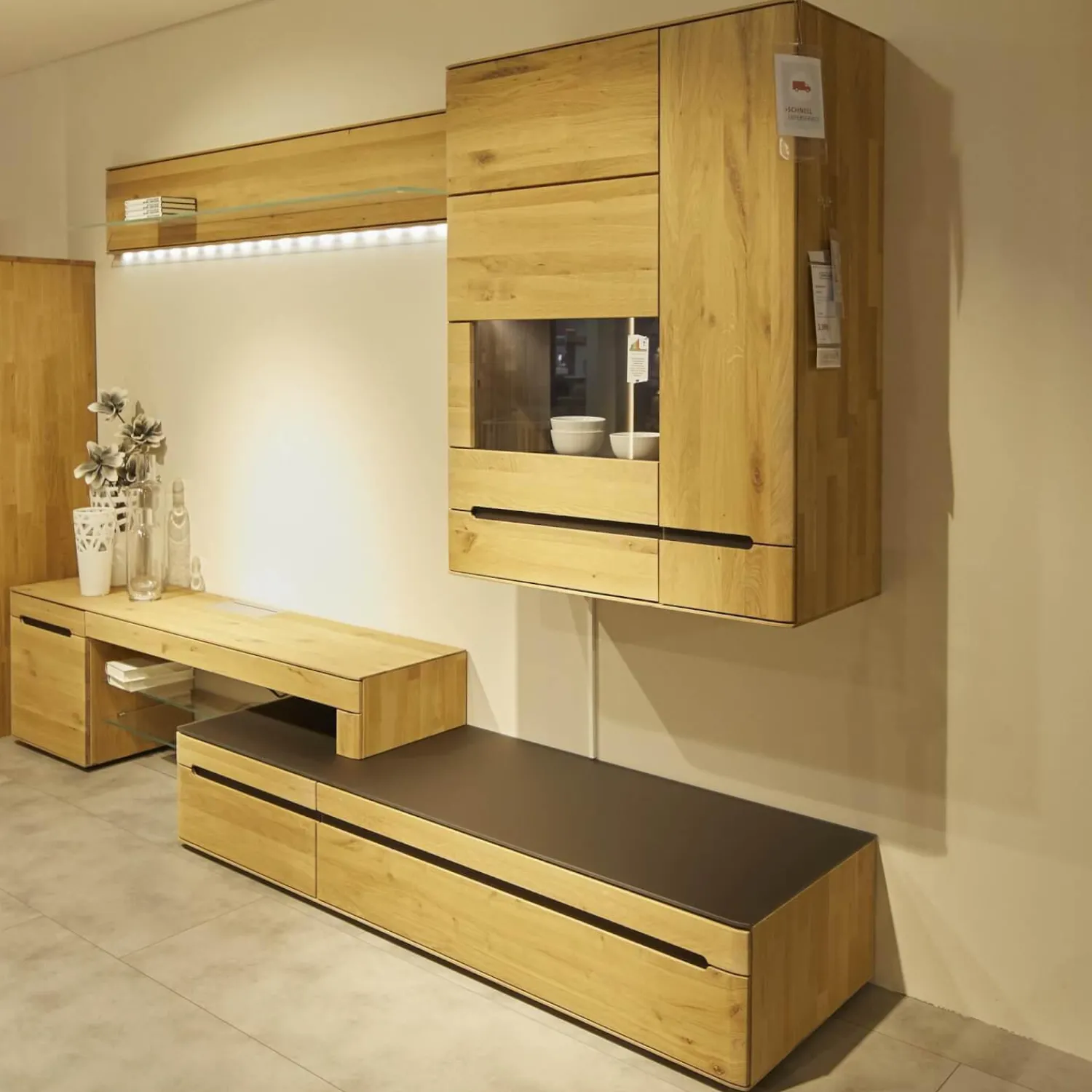 Decker Wohnwände & Tv-Lowboards|Anbauwand Laguna Wildeiche Massiv Bianco Geölt Mit LED-Beleuchtung