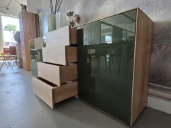 Scholtissek Kommoden & Sideboards|Anrichte Sideboard Farn Korpus Knorrige Eiche Puro Geölt Front Glas 6003 Olivgrün Grün Glänzend