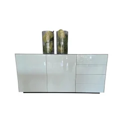 Scholtissek Kommoden & Sideboards|Anrichte Sideboard Novus Korpus Knorrige Eiche Rustikal Natur Geölt Front Glas 7035 Lichtgrau Grau Glänzend
