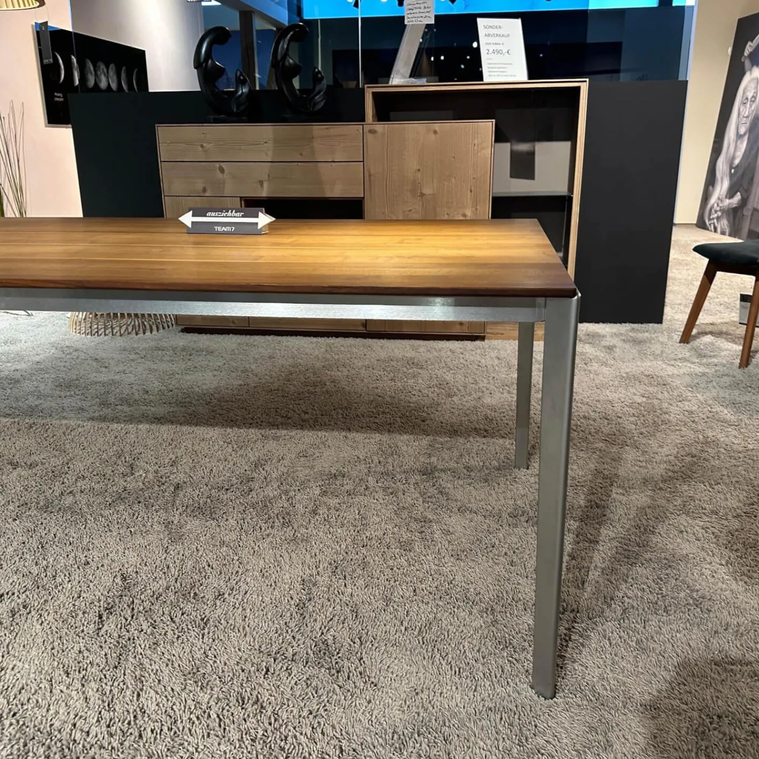 Team 7 Esstische|Auszugtisch Tak Platte Nussbaum Naturöl Gestell Metall Edelstahl Finish Mit Einlegeplatte