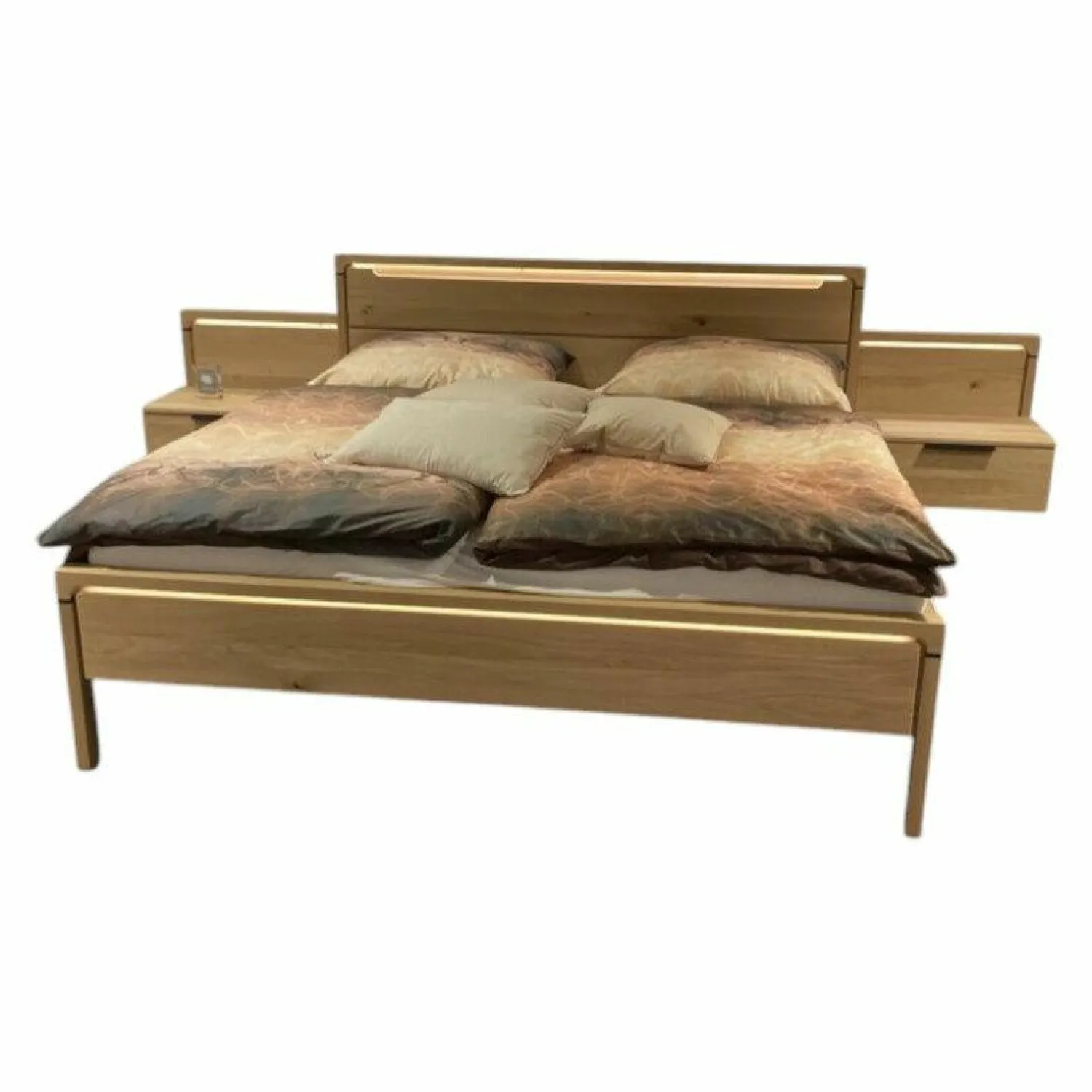 Musterring Polsterbetten|Bett Anconia Eiche Natur Massiv Mit 2 Hängekonsolen Mit Aufsatzpanleele Eiche Natur Massiv Griffe Eiche Natur Anthrazit Inklusive Beleuchtung Ohne Lattenrost Ohne Matratze