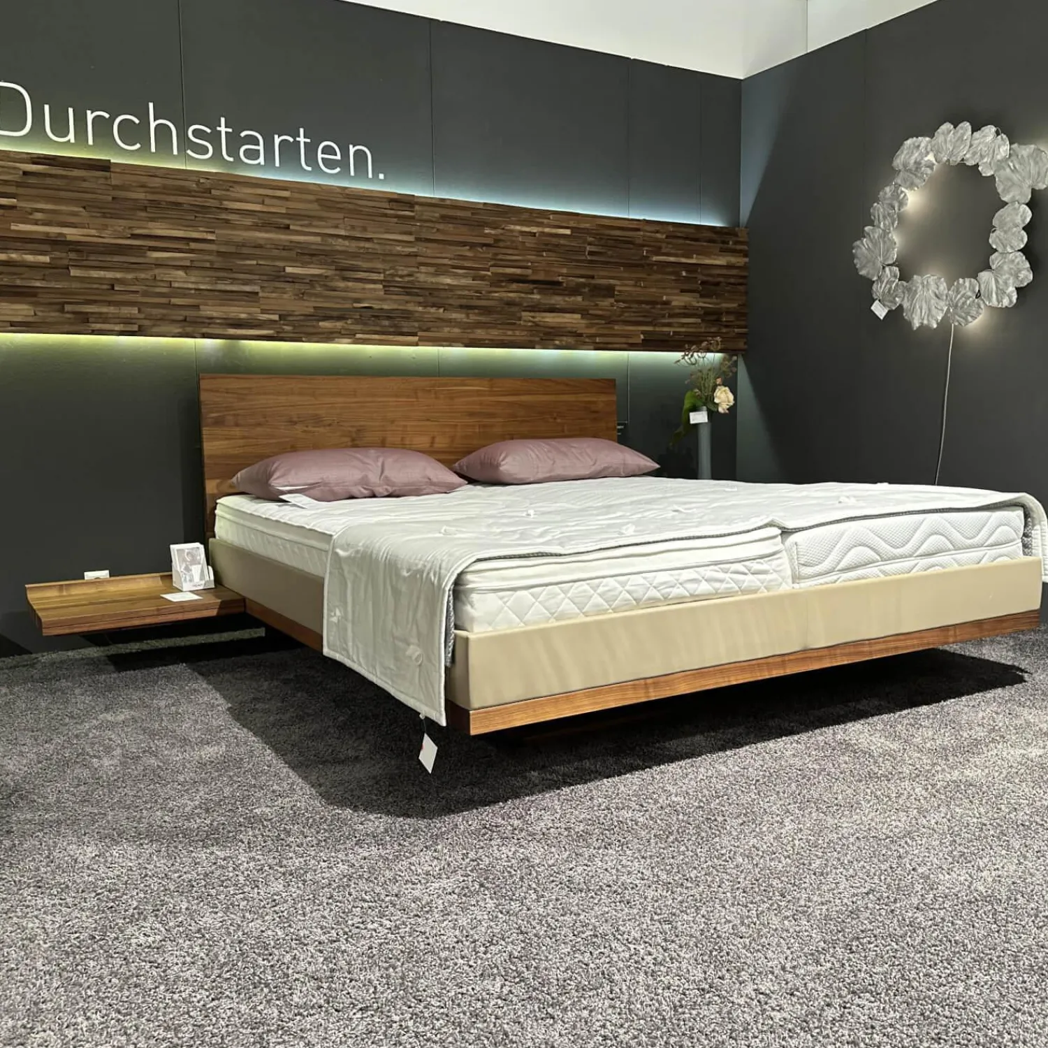Team 7 Polsterbetten|Bett Riletto Nussbaum Naturöl Seiten Leder Kiesel Beige Mit 2 Laden