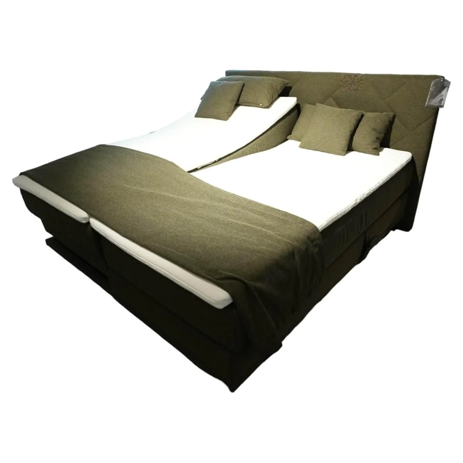 Femira Boxspringbetten|Boxspringbett Atlanta 0514238 Stoff 9153 Grün Kopfteil 3 Steppung Kachel Füße Schwarz Mit Fernbedienung Und Matratze