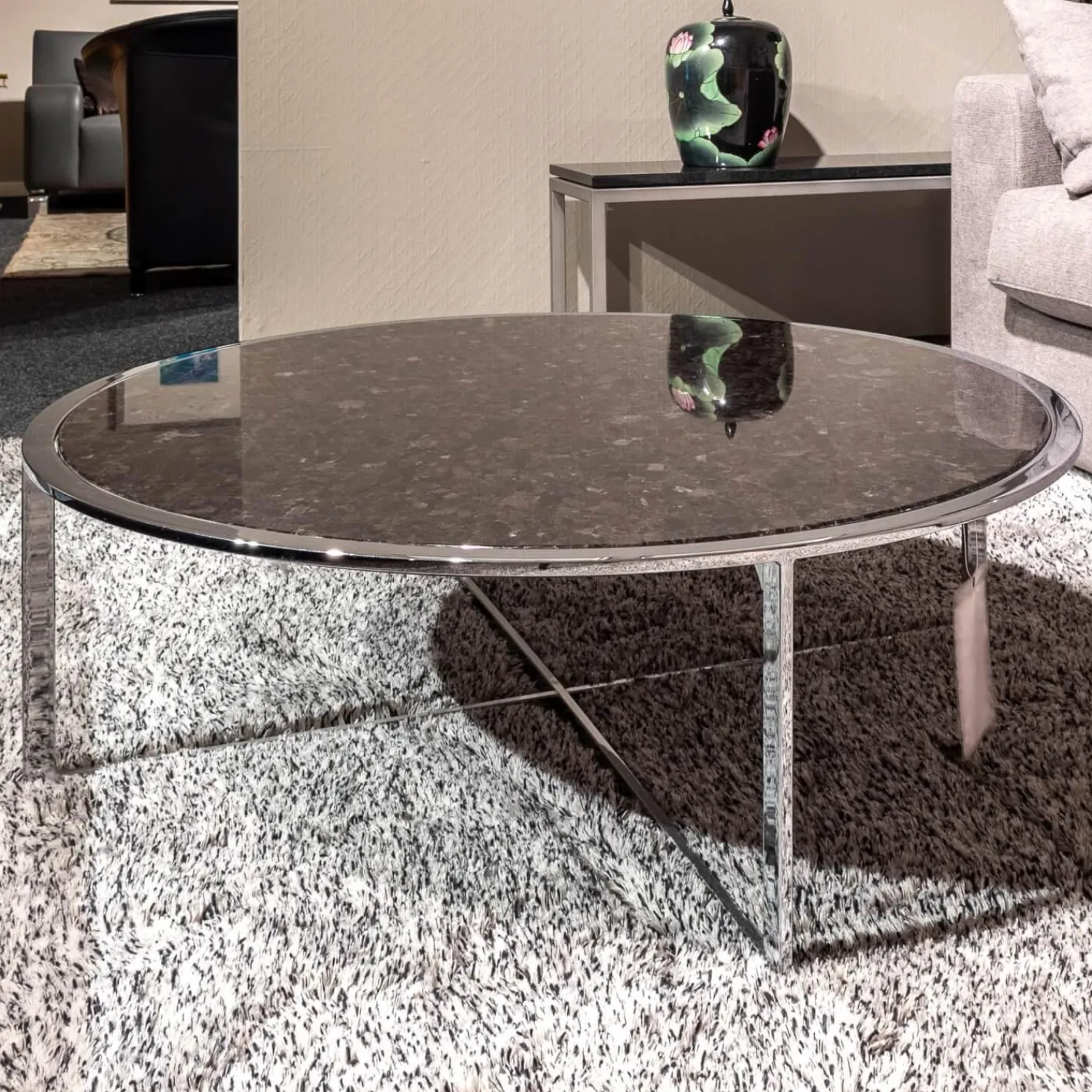 Draenert Couchtische|Couchtisch Charme AVK Platte Stein Braun Antico Gestell Hochglanz Chrom