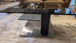 Gwinner Couchtische|Couchtisch CT409-85 Tischplatte Glas Schwarz Säule Lack Seidenmatt Anthrazit Und Balkeneiche Massiv Gebürstet Und Geölt Fußplatte Metall Edelstahlfarbig