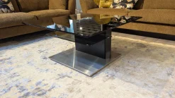 Gwinner Couchtische|Couchtisch CT409-85 Tischplatte Glas Schwarz Säule Lack Seidenmatt Anthrazit Und Balkeneiche Massiv Gebürstet Und Geölt Fußplatte Metall Edelstahlfarbig