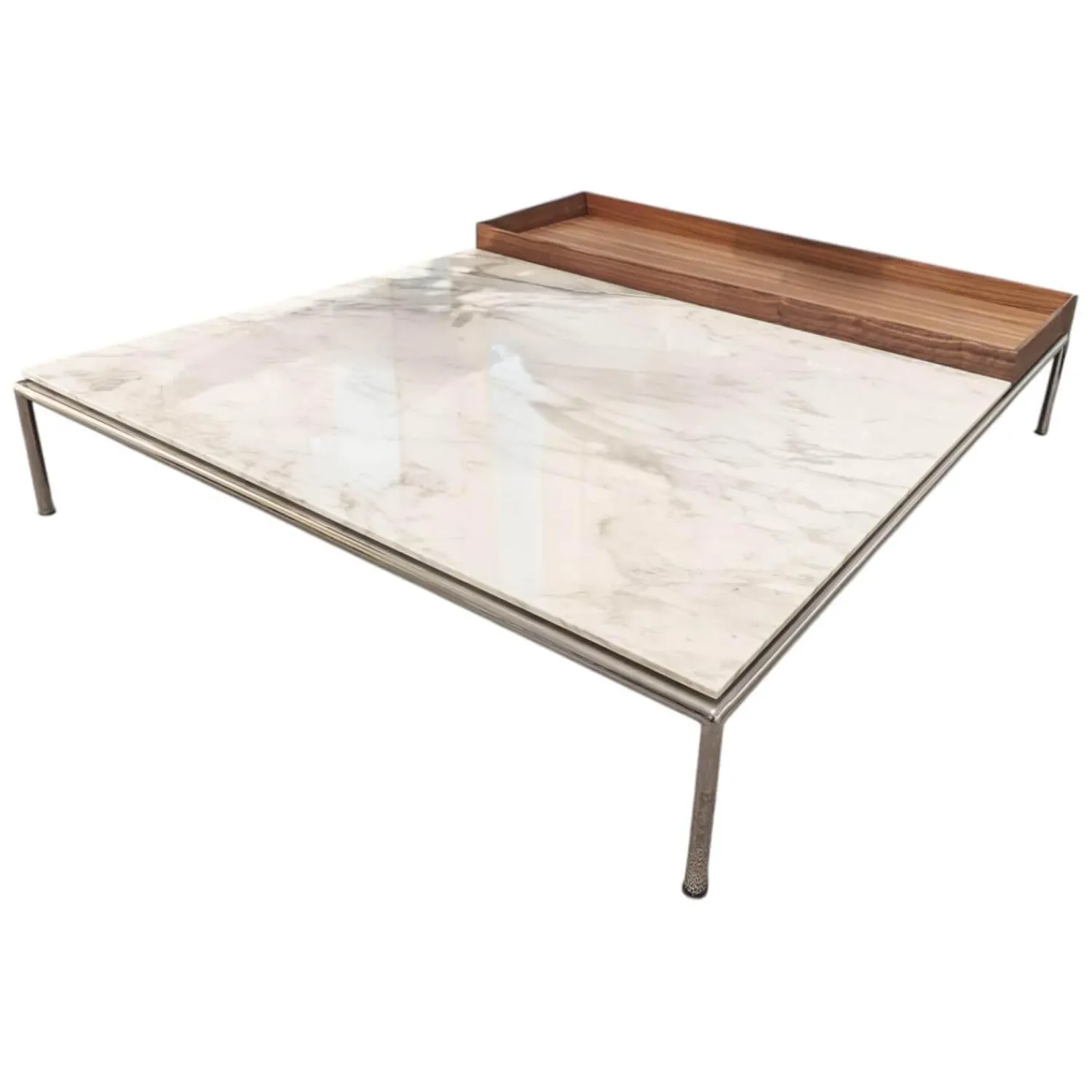 Cassina Couchtische|Couchtisch Mex Hi Tischplatte Marmor Calacatta Oro Lucido Weiß Beige Gestell Metall Verchromt Tablett Amerikanischer Nussbaum Massiv