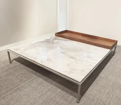 Cassina Couchtische|Couchtisch Mex Hi Tischplatte Marmor Calacatta Oro Lucido Weiß Beige Gestell Metall Verchromt Tablett Amerikanischer Nussbaum Massiv