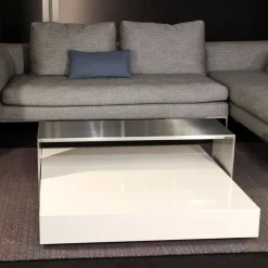 Cassina Couchtische|Couchtisch Note Niedrig Mit Rollen Lack Glänzend Weiß Und Brücke Aluminium Eloxiert