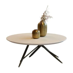 Bretz Couchtische|Couchtisch Ohlinda Type J 118 L Rund WS White Stone Weiß Gestell Gold Lackiert