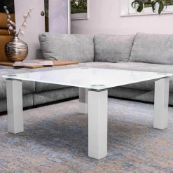 Eve Collection Couchtische|Couchtisch Rimini Optiwhiteplatte Applikationen in Titansilber Füße RAL 9003 HG