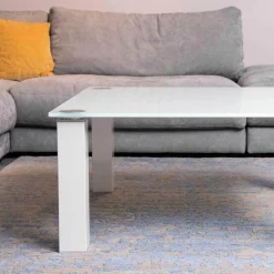Eve Collection Couchtische|Couchtisch Rimini Optiwhiteplatte Applikationen in Titansilber Füße RAL 9003 HG
