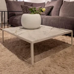 Janua Couchtische|Couchtisch SC 54 Steinplatte Calacatta Verde Leder Optik Gestell Pulverbeschichtet Verkehrsweiß