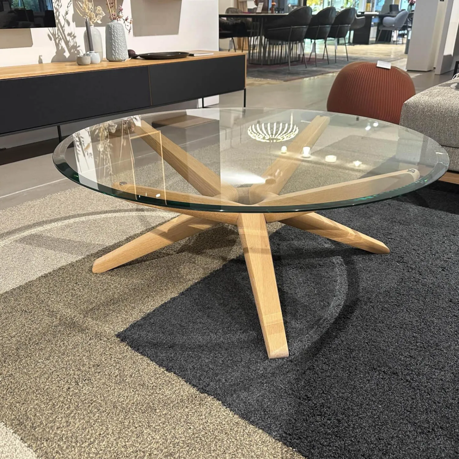 Team 7 Couchtische|Couchtisch Stern Platte Klarglas Gestell Eiche Weißöl