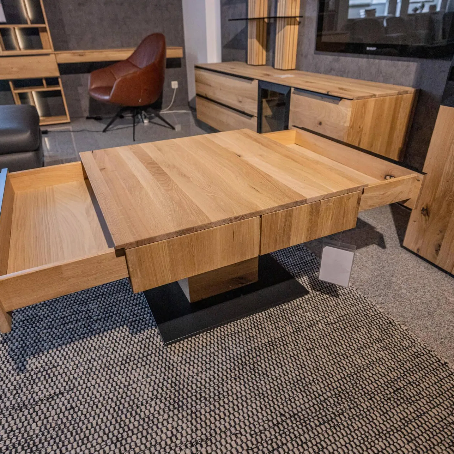 WK Wohnen Couchtische|Couchtisch WK 490 Baristo Asteiche Bianco Rillenoptik Mit Liftfunktion Und Schubkästen