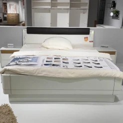 Hülsta Polsterbetten|Doppelbett Multi Bed 4271 Lack Weiß Aufsatzpolster Leder 5126 Mocca Braun Mit Konsolen Und Beleuchtung Ohne Matratze Und Lattenrost