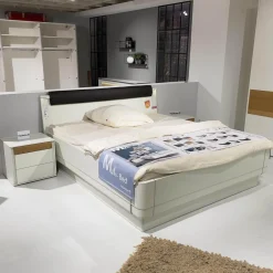 Hülsta Polsterbetten|Doppelbett Multi Bed 4271 Lack Weiß Aufsatzpolster Leder 5126 Mocca Braun Mit Konsolen Und Beleuchtung Ohne Matratze Und Lattenrost