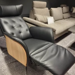 Natura Relaxsessel|Drehsessel Aberdeen Leder 30 Nero Schwarz Holzblende Eiche Natur Sternfuß Edelstahl Mit 3 Motorischer Verstellung