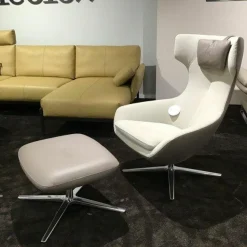 Leolux Relaxsessel|Drehsessel Caruzzo Leder Ceras Brindle Außen Stoff Prairie Weiß mit Hocker