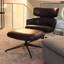 Molteni & C Loungesessel|Drehsessel Piccadilly PPA1 Leder S9336 Fango Braun Schwarz Gestell Hochglänzend Zinnfarbig Mit Hocker PPF1