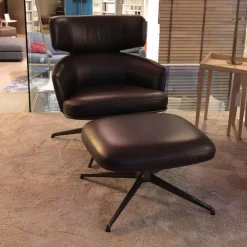 Molteni & C Loungesessel|Drehsessel Piccadilly PPA1 Leder S9336 Fango Braun Schwarz Gestell Hochglänzend Zinnfarbig Mit Hocker PPF1