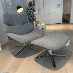 COR Relaxsessel|Drehsessel Shrimp Mit Hocker Stoff 14002 Hellgrau Holzschale Eiche Braun D73