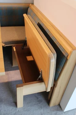 Schösswender Essgruppen|Eckbankgruppe Stoff Happ Uni Beige Karo Türkis Kernbuche Natur Tisch 2 Stühle Eckbank