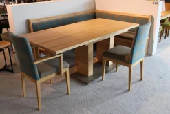 Schösswender Essgruppen|Eckbankgruppe Stoff Happ Uni Beige Karo Türkis Kernbuche Natur Tisch 2 Stühle Eckbank