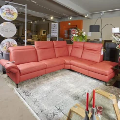 Steinpol Ecksofas|Eckgarnitur Luna Bezug Leder Kevin Cherry Fuß Schwarz Matt Mit Elektrischer Verstellung