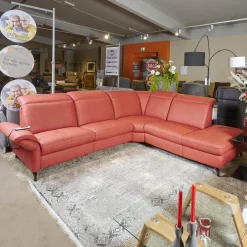 Steinpol Ecksofas|Eckgarnitur Luna Bezug Leder Kevin Cherry Fuß Schwarz Matt Mit Elektrischer Verstellung