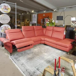 Steinpol Ecksofas|Eckgarnitur Luna Bezug Leder Kevin Cherry Fuß Schwarz Matt Mit Elektrischer Verstellung