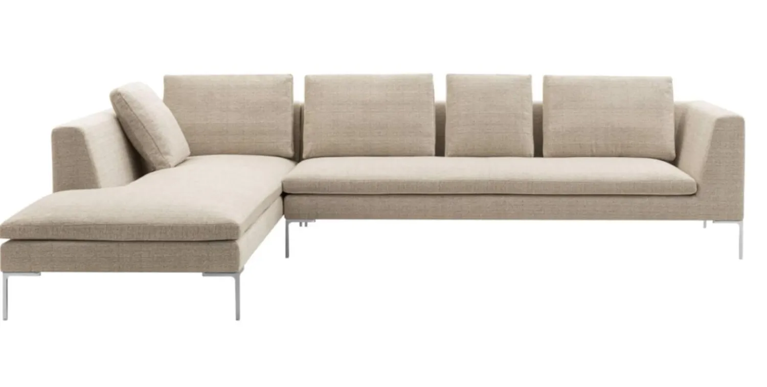 B&B Italia Ecksofas|Eckiges Sofa Charles Stoff Chenille Elettra Bastfarben Beige Innenrahmen Stahlrohre Füße Aluminiumguss Mit Kissen