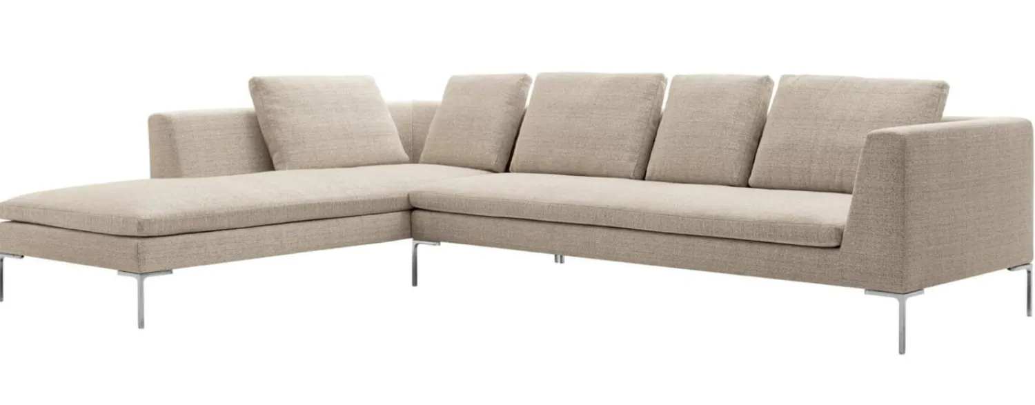 B&B Italia Ecksofas|Eckiges Sofa Charles Stoff Chenille Elettra Bastfarben Beige Innenrahmen Stahlrohre Füße Aluminiumguss Mit Kissen