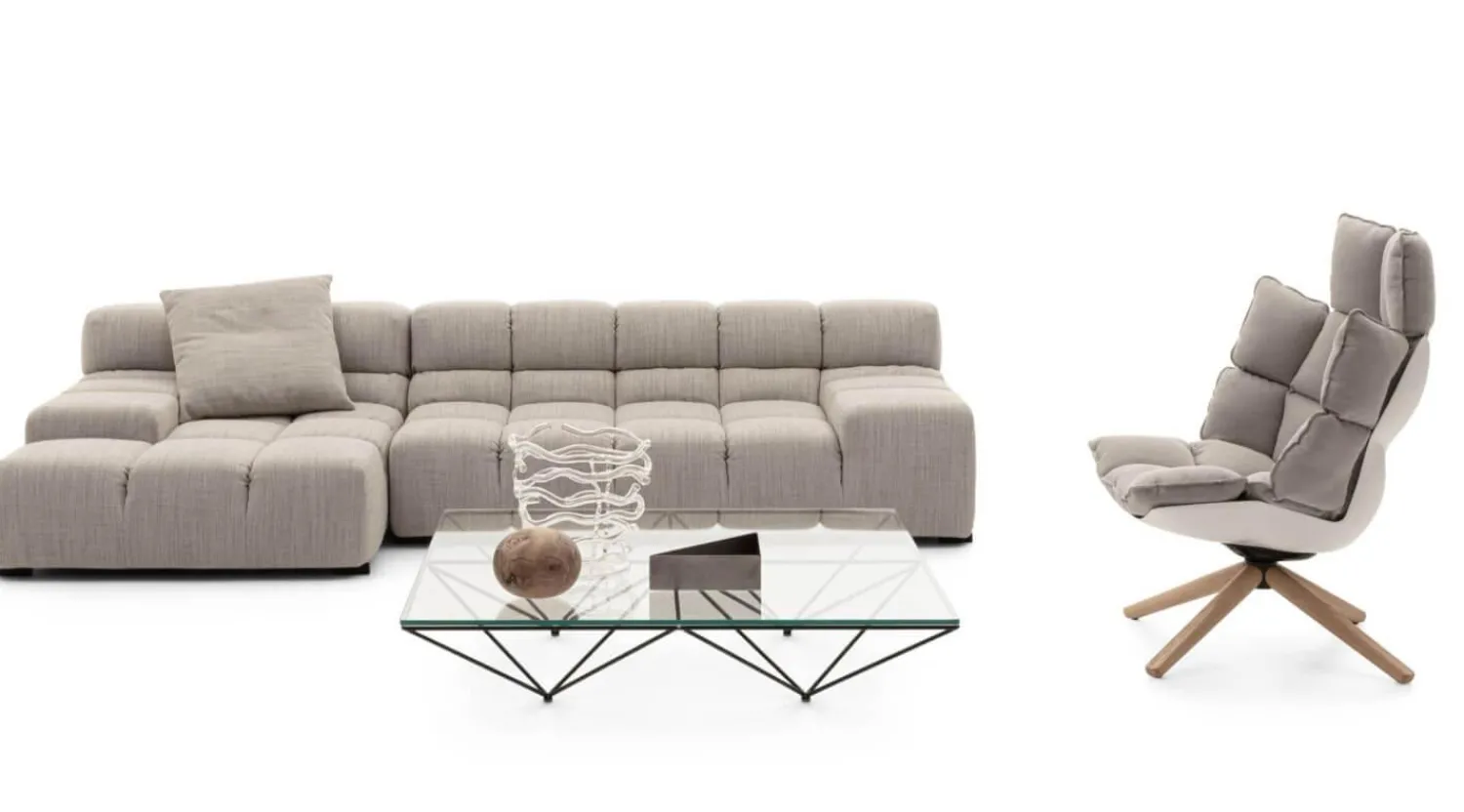 B&B Italia Ecksofas|Eckiges Sofa Tufty Time Stoff Rattier Astro Seil Braun Innenrahmen Stahlrohre Füße Schwarz Mit Rückenkissen