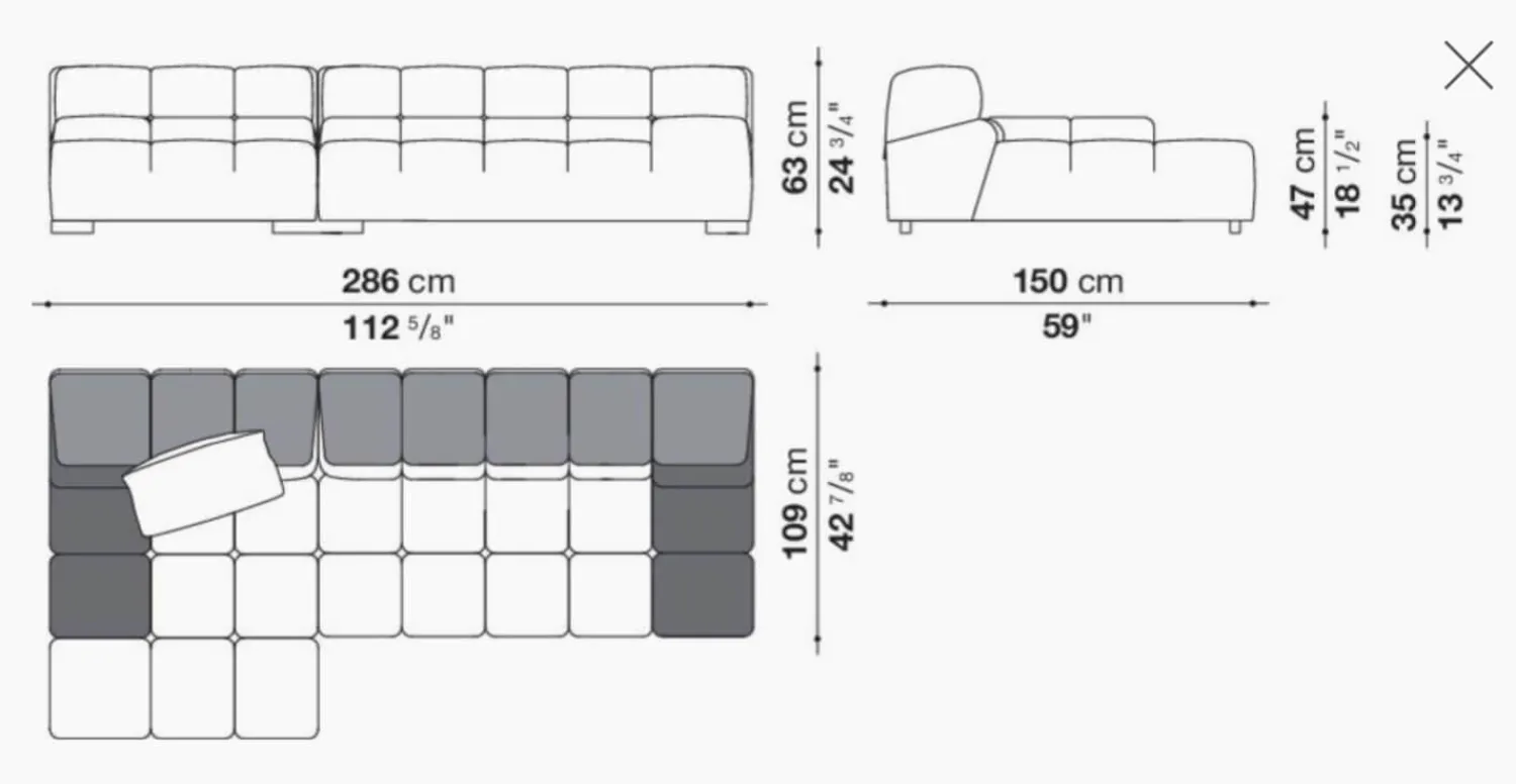 B&B Italia Ecksofas|Eckiges Sofa Tufty Time Stoff Rattier Astro Seil Braun Innenrahmen Stahlrohre Füße Schwarz Mit Rückenkissen