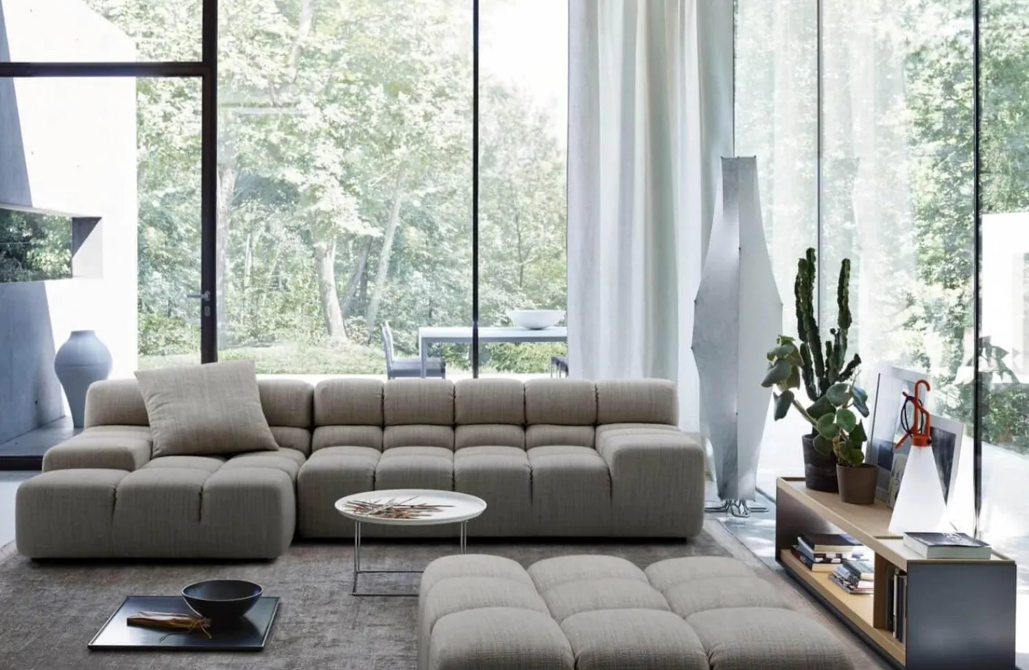 B&B Italia Ecksofas|Eckiges Sofa Tufty Time Stoff Rattier Astro Seil Braun Innenrahmen Stahlrohre Füße Schwarz Mit Rückenkissen