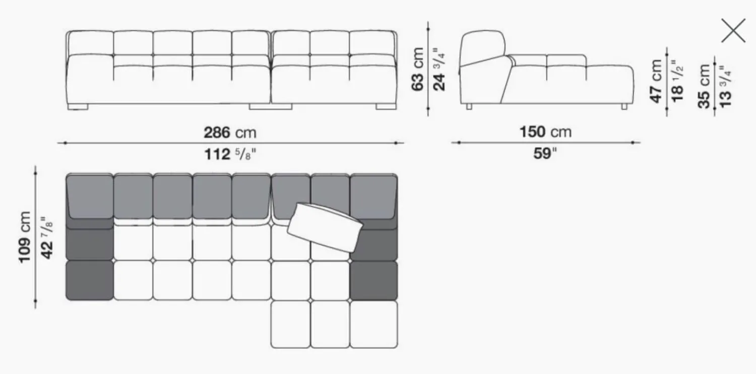 B&B Italia Ecksofas|Eckiges Sofa Tufty Time Stoff Bouclè Sambuco Weiß Innenrahmen Stahlrohre Füße Schwarz Mit Rückenkissen