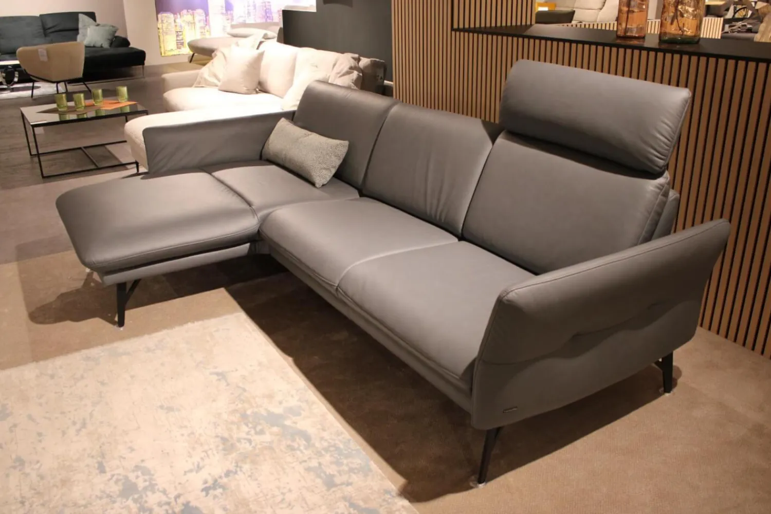 himolla Ecksofas|Ecksofa 1928 Leder 24 Longlife Aqua Grau mit Kopfstütze und 1 Nierenkissen