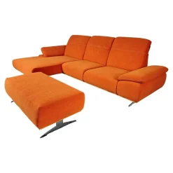 Zehdenick Ecksofas|Ecksofa 4300 Stoff Vincent Soft Terra Orange Sichtrahmen Wildeiche Geölt Fuß Metallkufe Edelstahlfarbig Mit Hocker