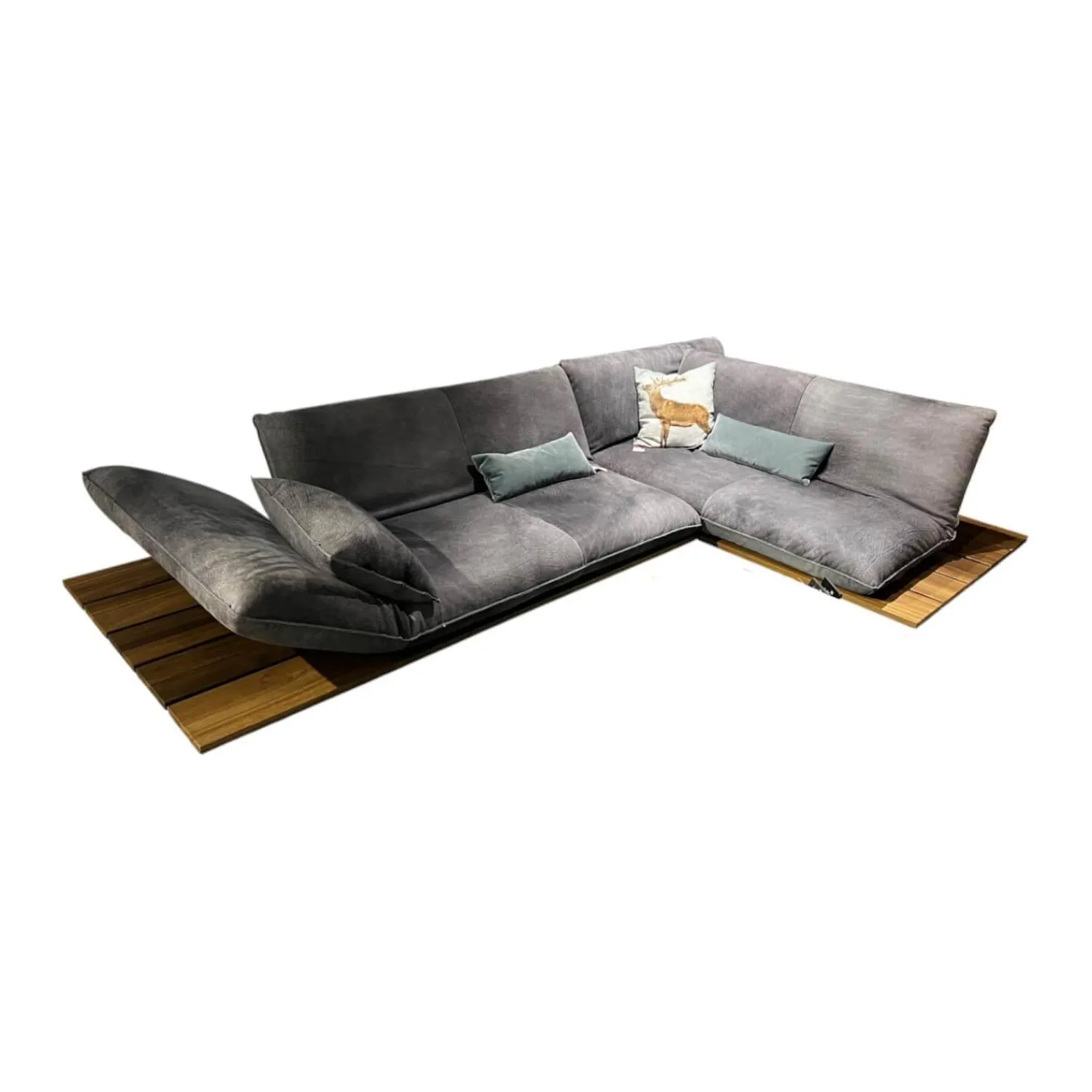 Bullfrog Ecksofas|Ecksofa Akito Leder Crazy Nubuk 2510 73 Graphit Grau Plateau Räuchereiche Winkelfuß Stahl Schwarz Matt