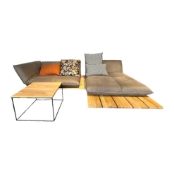 Bullfrog Ecksofas|Ecksofa Akito Leder Rhino Elefant 2399 63 Braun Grau Plattform Wildeiche Füße Stahl Schwarz Pulverbeschichtet