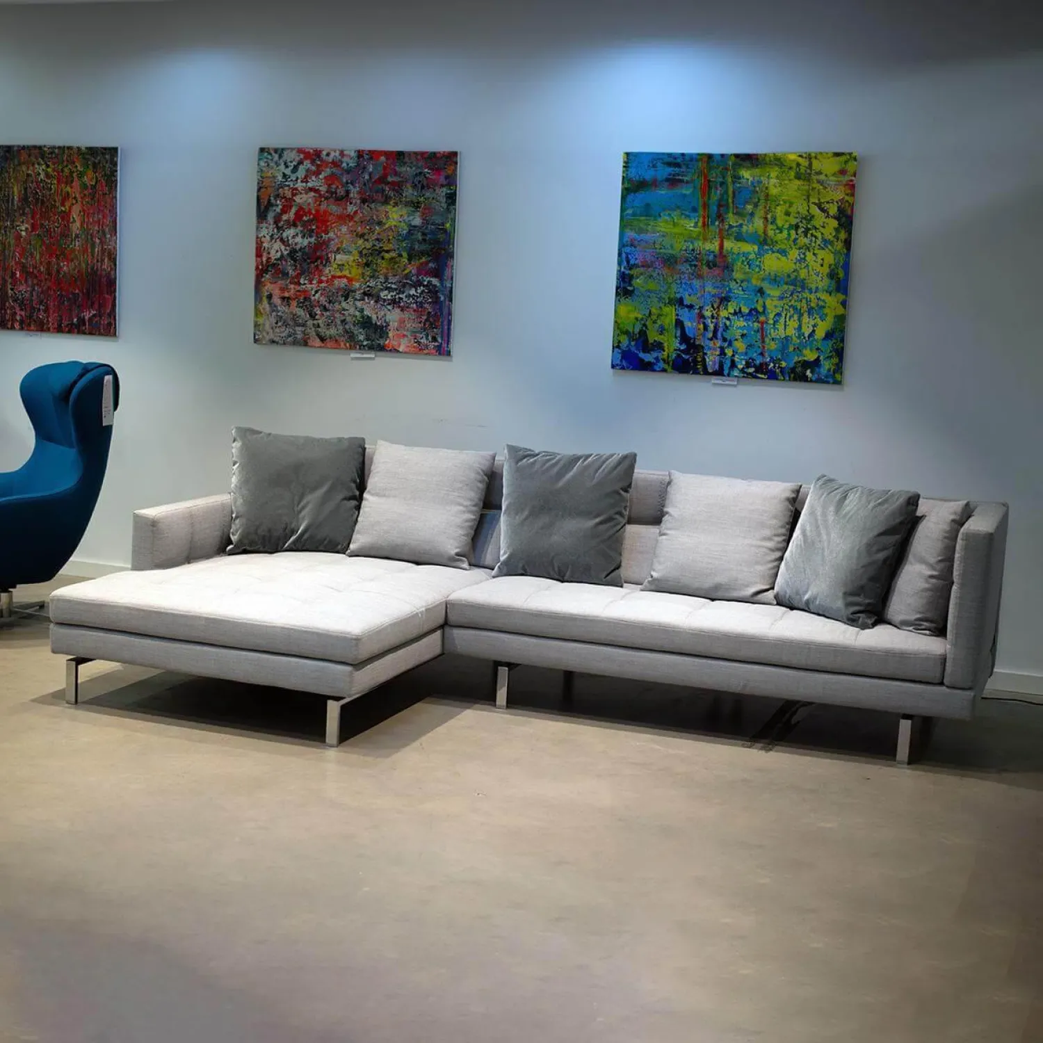 Brühl Ecksofas|Ecksofa Amber Stoff Kvadrat Canvas 2 124 Hellgrau Kufe Chrom Glänzend Inklusive 6 Kissen Mit Verstellbarem Rücken