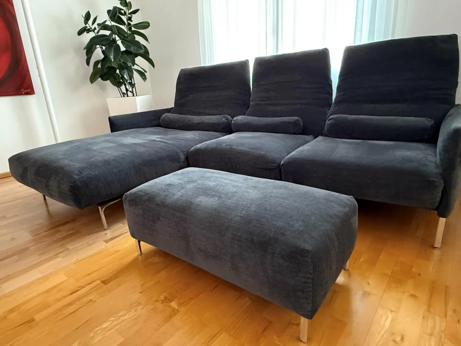 COR Ecksofas|Ecksofa Avalanche Stoff 8145 Dunkelgrau mit 3 Lendenrollen und einem Hocker