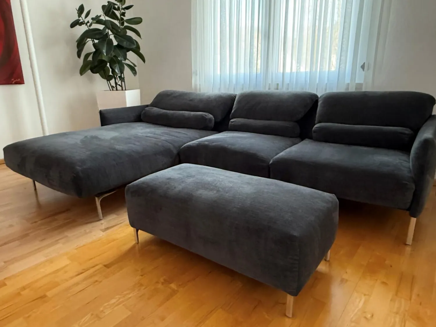 COR Ecksofas|Ecksofa Avalanche Stoff 8145 Dunkelgrau mit 3 Lendenrollen und einem Hocker