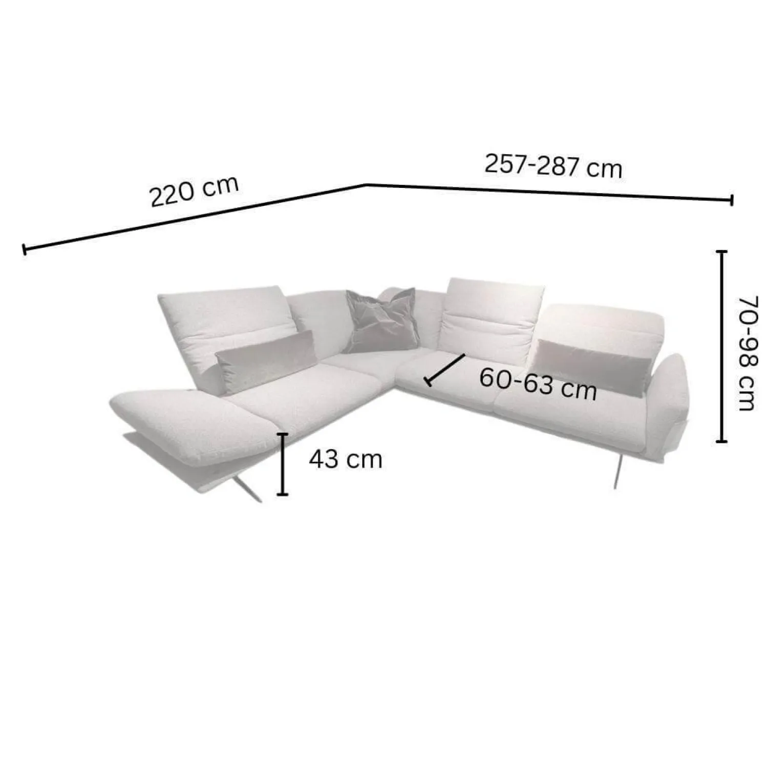 Koinor Ecksofas|Ecksofa Calmo Stoff 13 Cosmo 97 Grau Metallkufen Schwarz Matt Mit Fußteilverstellung Und Kopfteilverstellung Inklusive 3 Kissen