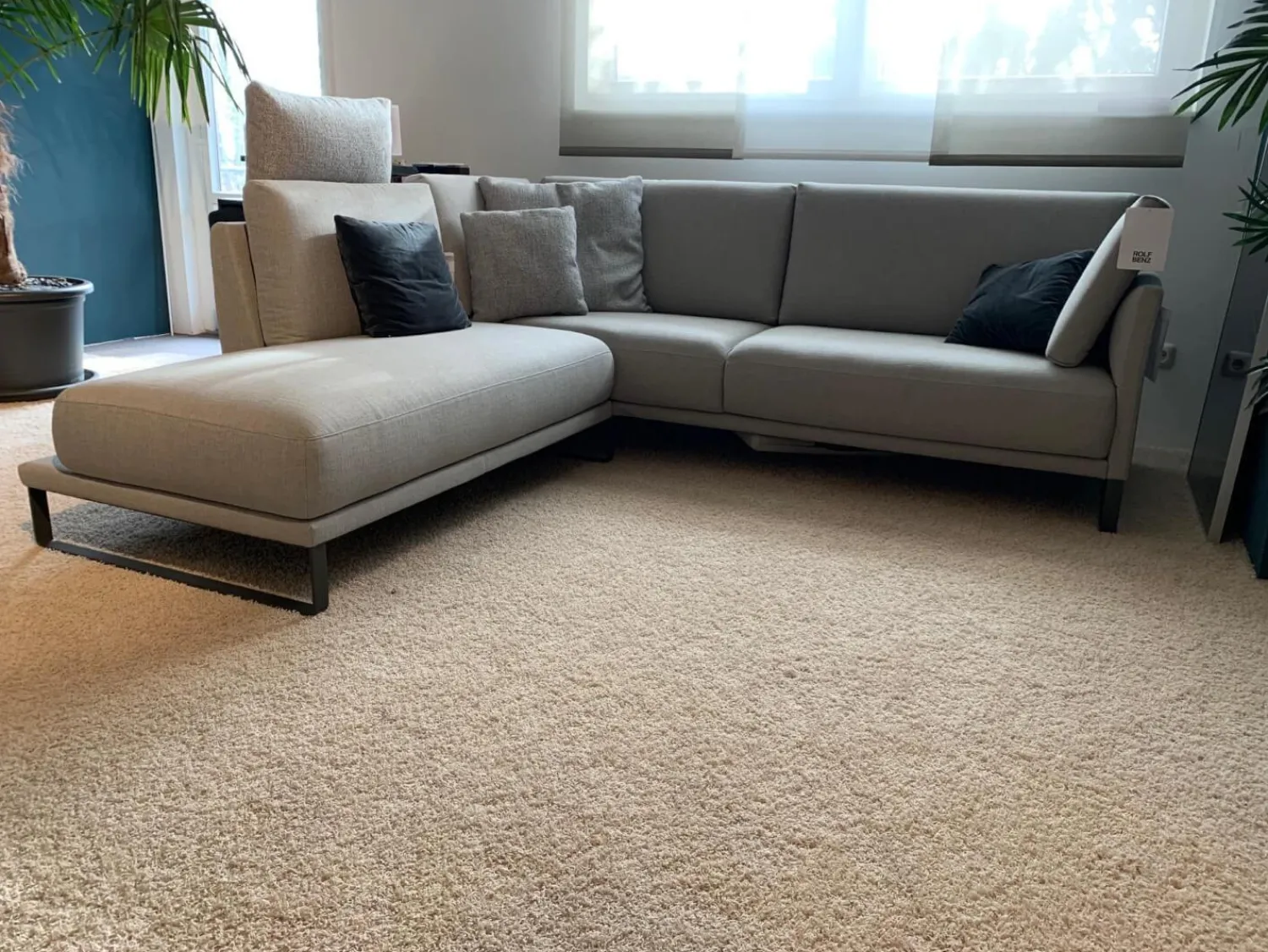 Rolf Benz Ecksofas|Ecksofa Cara 2020 Stoff 14.162 Steingrau Ablage Eiche Furniert Kufe Stahl Umbragrau